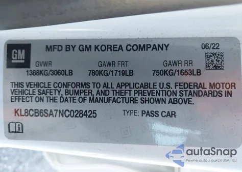 2022 Chevrolet Spark Fwd Ls Automatic z USA, uszkodzony, nr VIN KL8CB6SA7NC028425